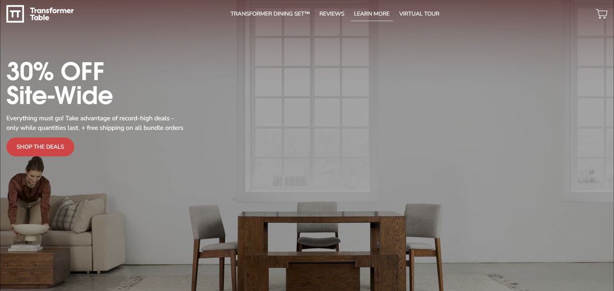 Screenshot of Transformer Table, from the shopify furniture stores collection.