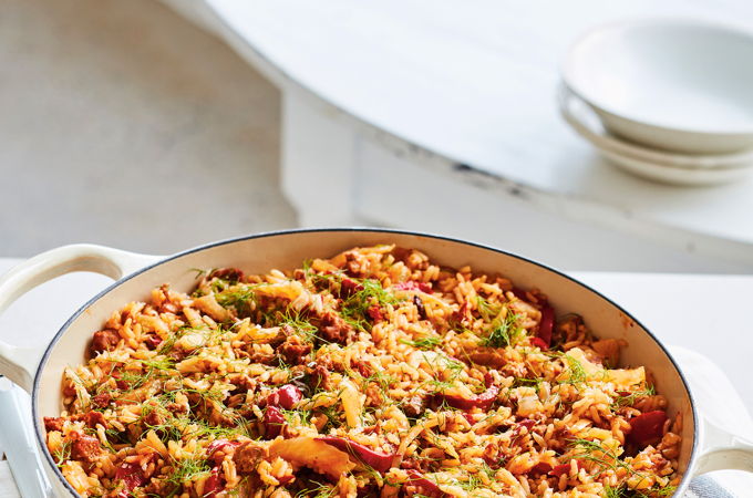 One-Pot Rice with Sausages, Fennel and Peppers