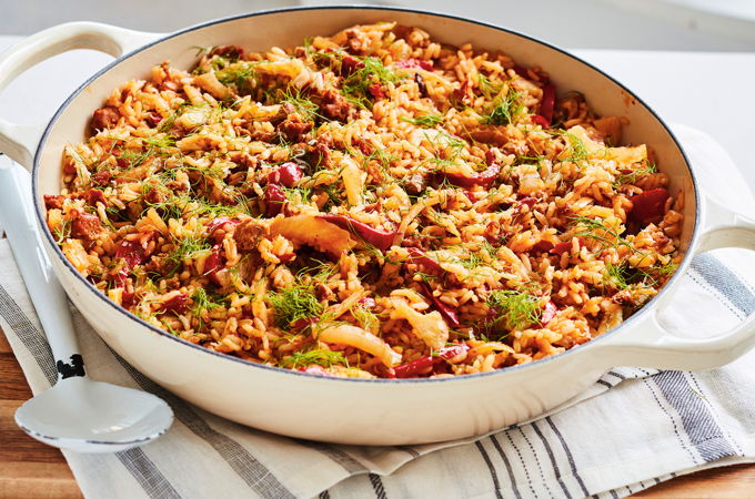 One-Pot Rice with Sausages, Fennel and Peppers