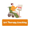 drawing of a female wheelchair user painting, text art therapy coaching