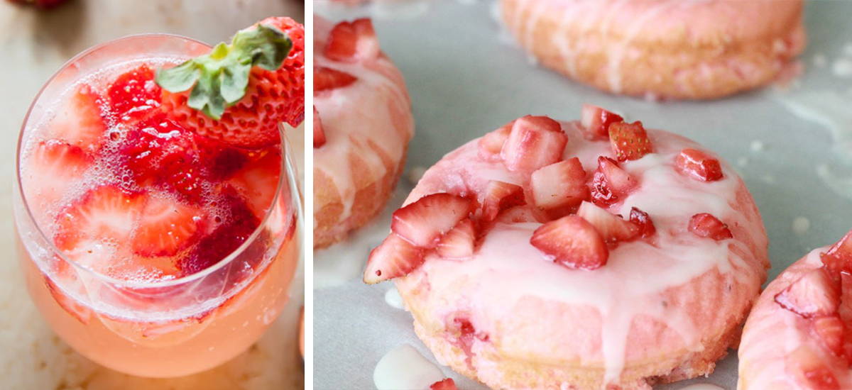 Strawberry rose drink and strawberry cake donut