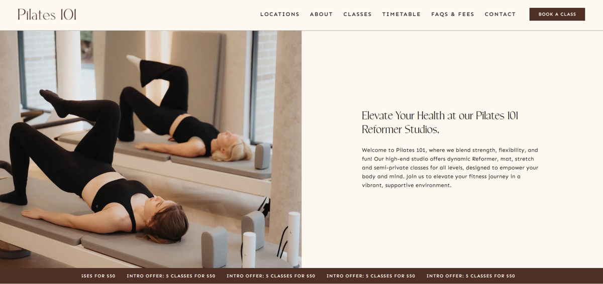 Screenshot of Pilates 101, from the pilates websites collection.