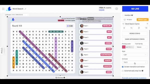 Word search game grid size configuration