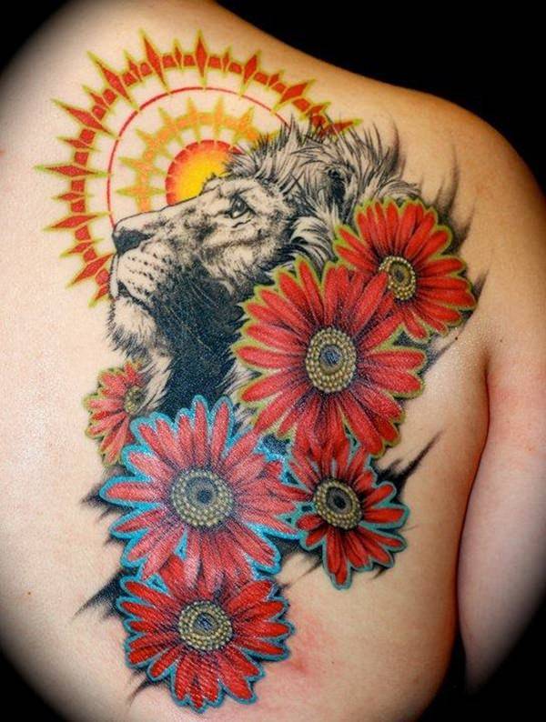 Tatouage Lion Fleurs