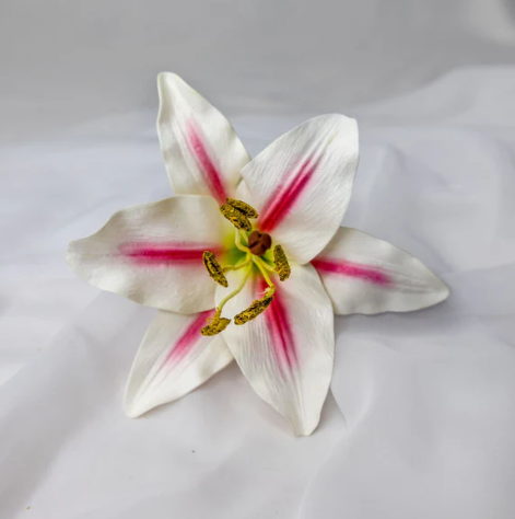 White/Pink Stripe Asiatic Lily Flowerhead - Realistic Artificial Flowers