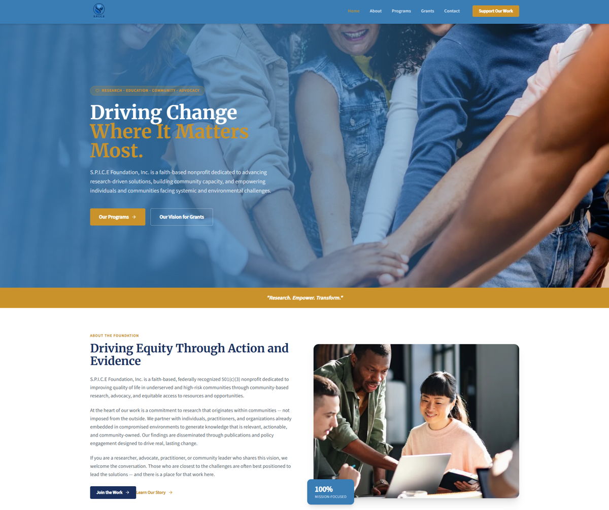 Screenshot of S.P.I.C.E Foundation, Inc., from the godaddy airo websites collection.