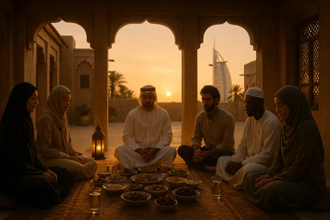 Six people sharing a traditional meal on a rug at sunset, with arches and Dubai's Burj Al Arab visible in the golden light.