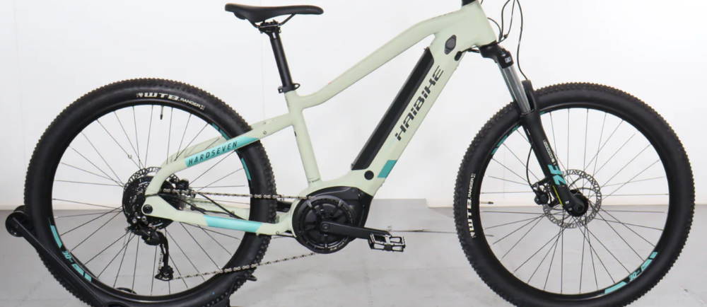 a white Haibike HardSeven 5 front suspension electric mountain bike