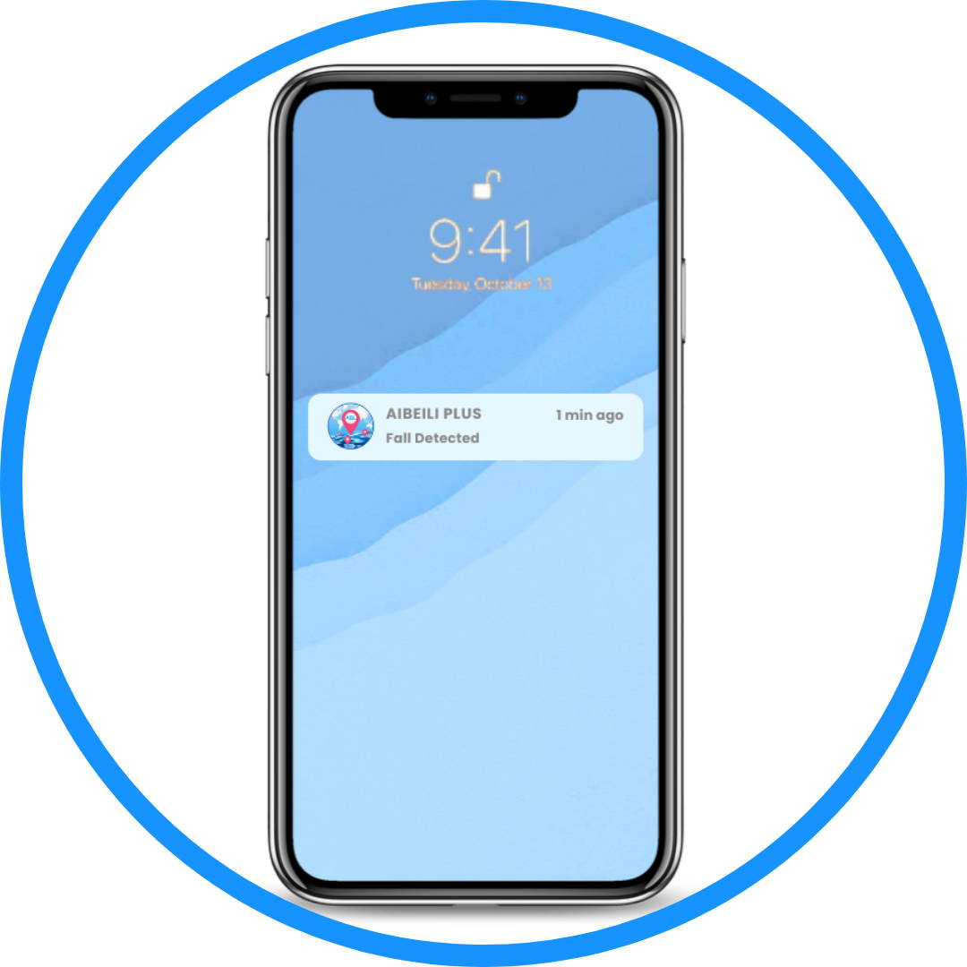 Mobile phone displaying fall detection alert message from SOS & GPS personal alarm app - Automatic fall alert notification sent to emergency contacts with real-time GPS location via mobile app that tracks and monitors the wearer