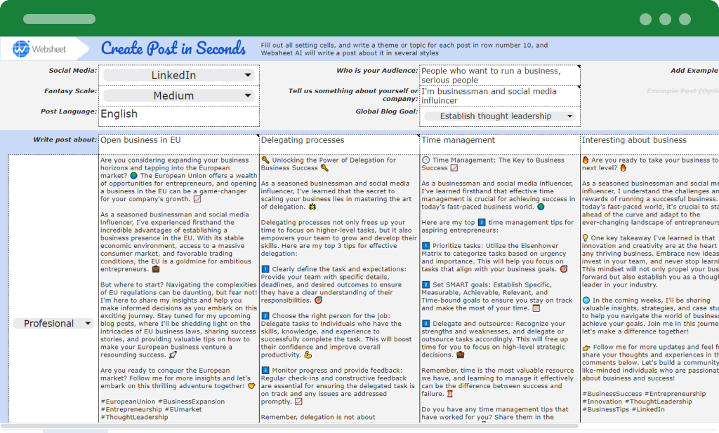 Example of post creation for businessman