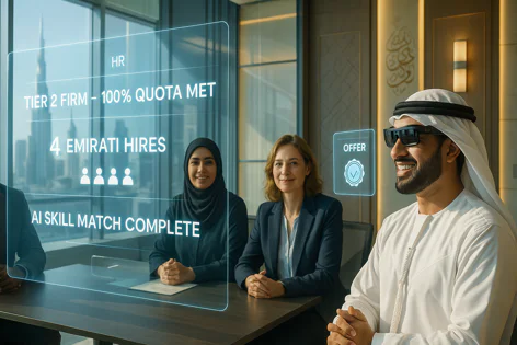 Professionals in a modern office viewing a holographic HR display showing "100% Quota Met", "4 Emirati Hires", and "AI Skill Match Complete".