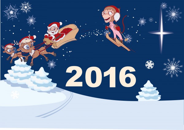 Изображение для календаря или открытки 2016 «Санта на санях и обезьяна на лыжах»