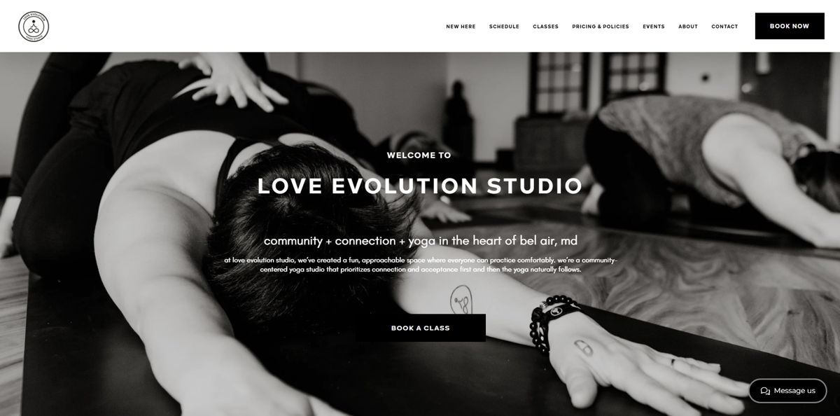 Screenshot of Love Evolution Studio, from the squarespace yoga websites collection.