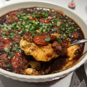 trying another steamed egg variation - with minced chicken meat and cherry tomatoes