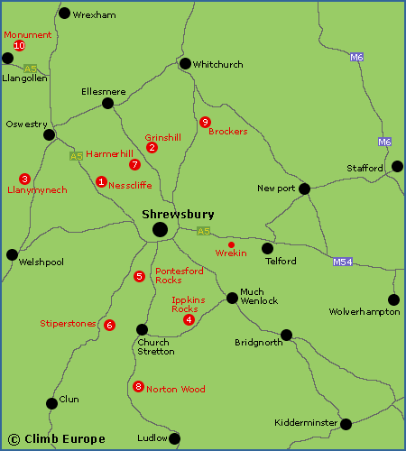 Map of the main rock climbing areas in Shropshire