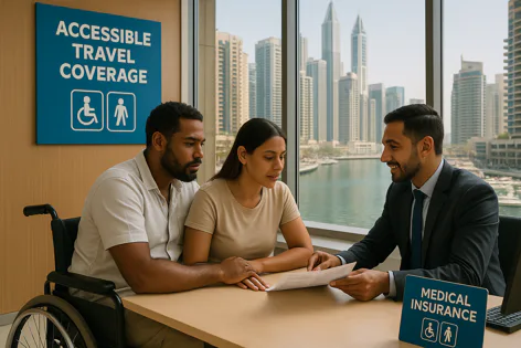 A couple, with one partner using a wheelchair, meeting with an insurance advisor to discuss accessible travel and medical coverage options in an office with a city view.