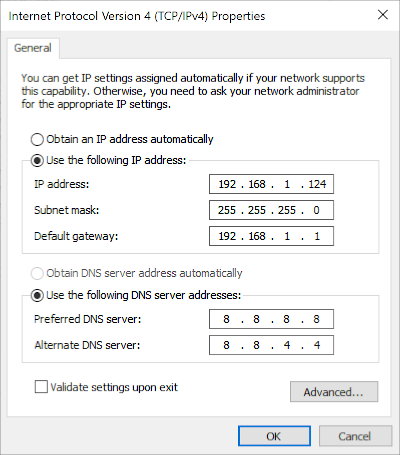 IPv4 settings IPv4 settings window in the Windows OS