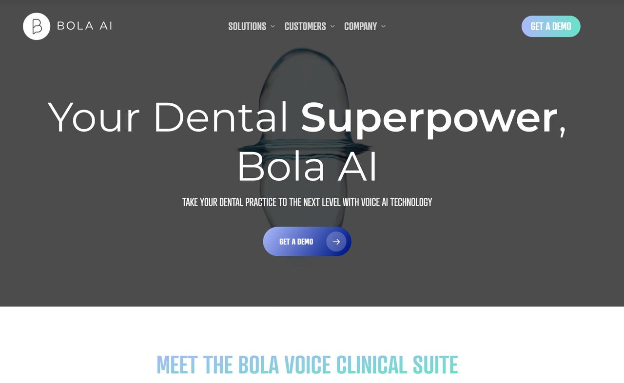 Screenshot of Bola AI's website landing page, an AI scribe