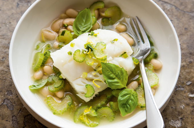 Fish with Braised Celery and White Beans