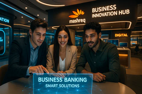 Three diverse business professionals view a holographic display showing "Business Banking Smart Solutions" in a modern innovation hub office.