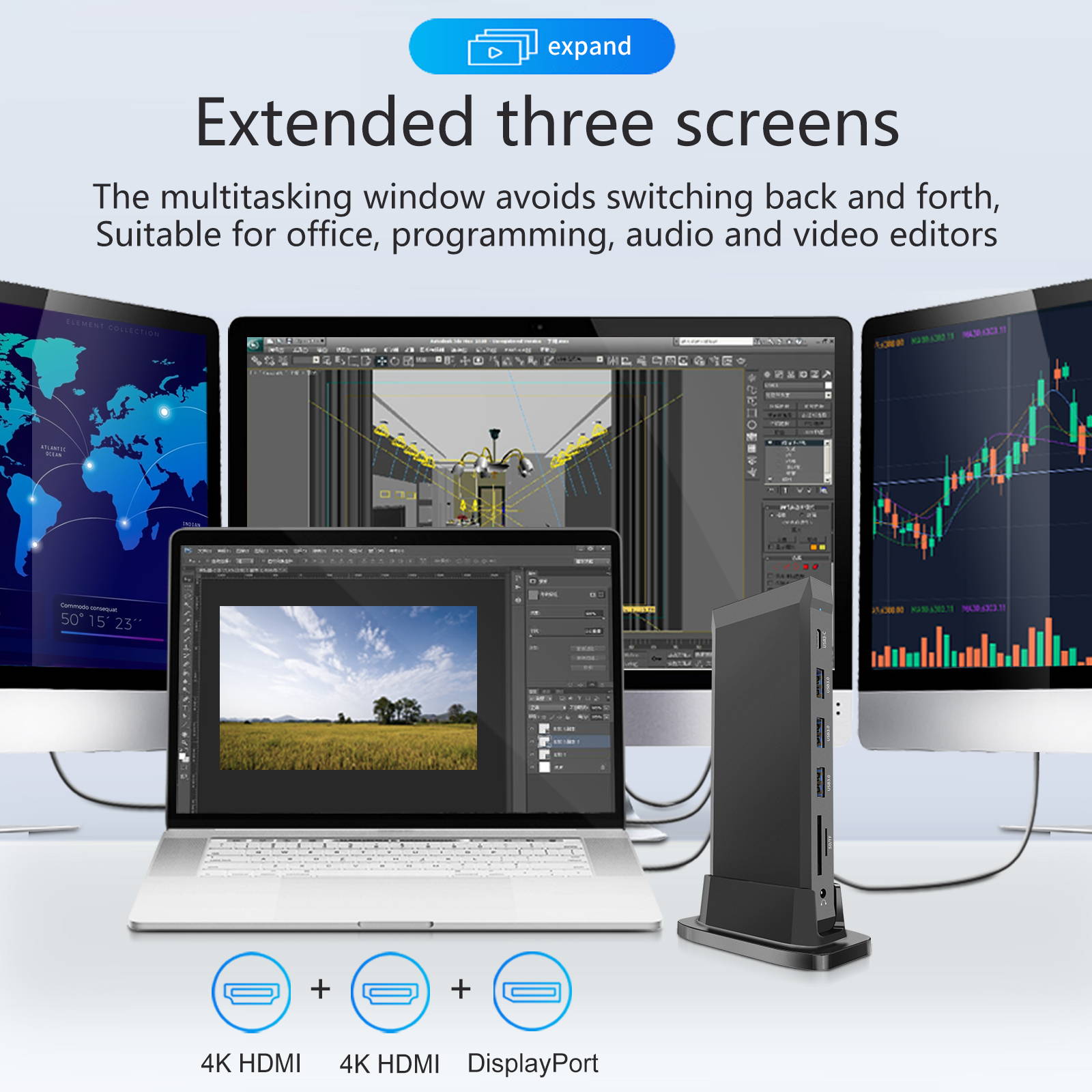 UExtend - Docking Station USB C Hub Dual HDMI Adapter Compatible for 3 Monitors