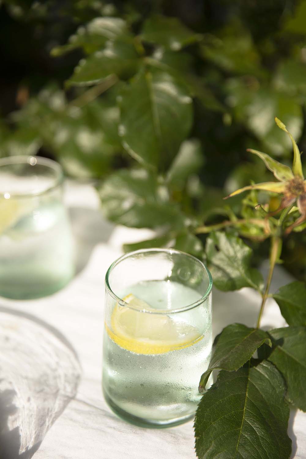 The Moroccan handblown tumbler on a outdoor table setting. Sparkling water with a lemon slice.