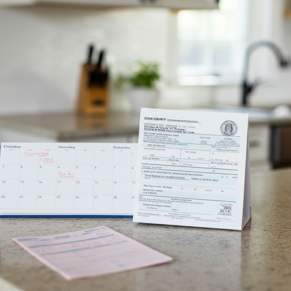 A detailed Cook County property tax bill for a Chicago home showing the typical 1.93% tax rate applied to the assessed value. The bill is placed on a kitchen counter next to a calendar marked with the closing date and tax proration calculations.