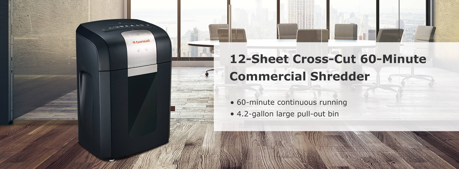 12-Sheet Cross-Cut 60-Minute Commercial Shredder  60-minute continuous running      4.2-gallon large pull-out bin 