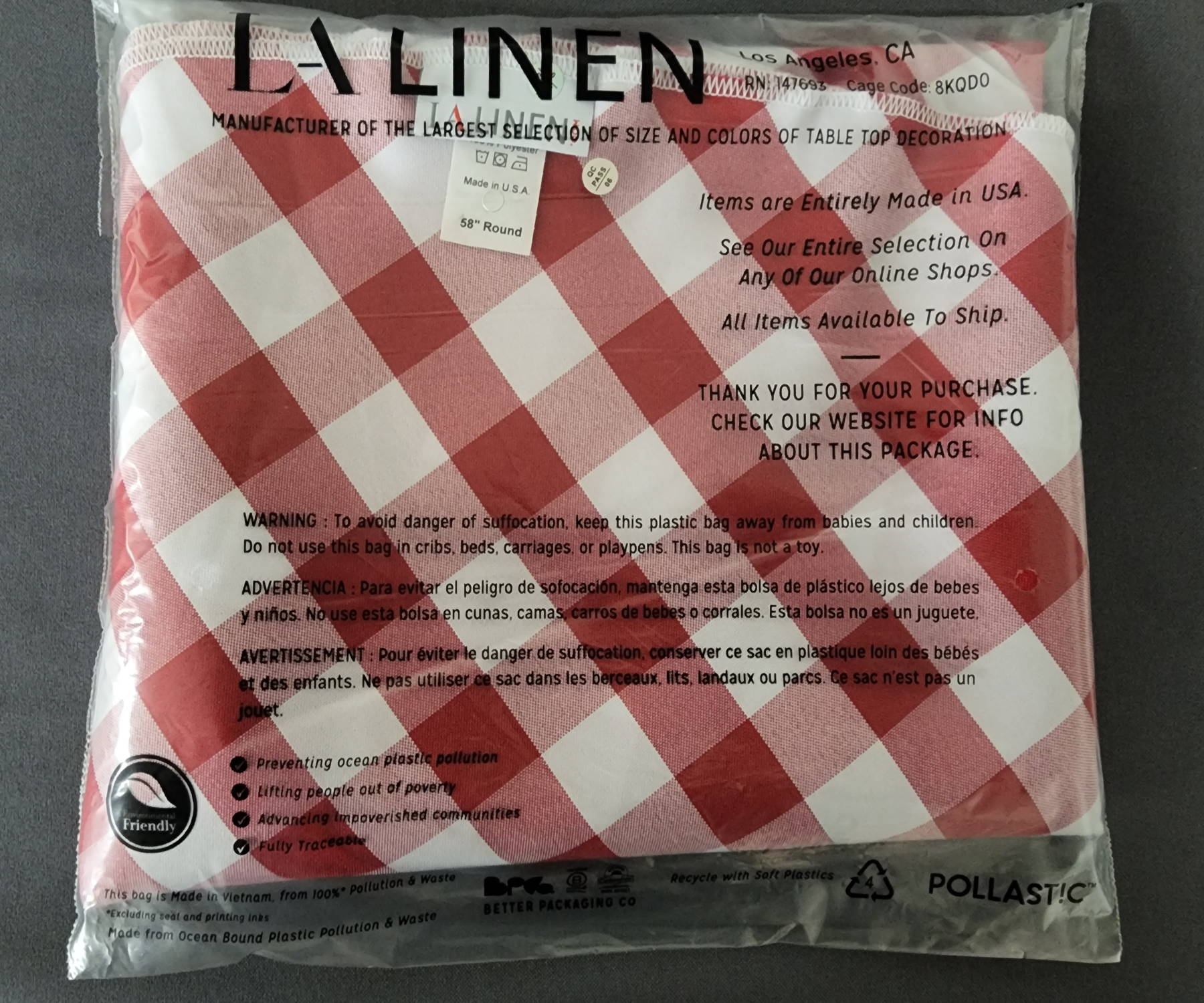 LA Linen Pollastic Checkered White and Red Tablecloth
