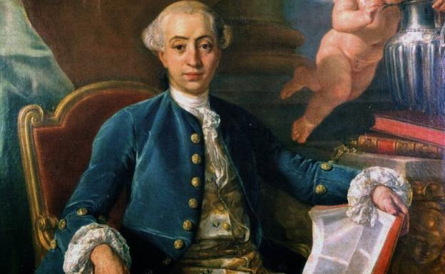 Painting of Casanova wearing a wig and blue jacket, staring intently in front of him.
