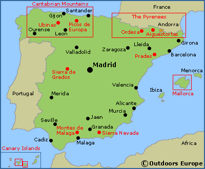 Map of the walking areas in Spain