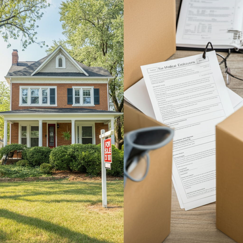 A split image showing an Illinois home with a For Sale sign and moving boxes on the left, and on the right, medical documents and a job offer letter from another state, representing qualifying circumstances for partial exclusions when homeowners must sell before meeting the full 2-year requirement.