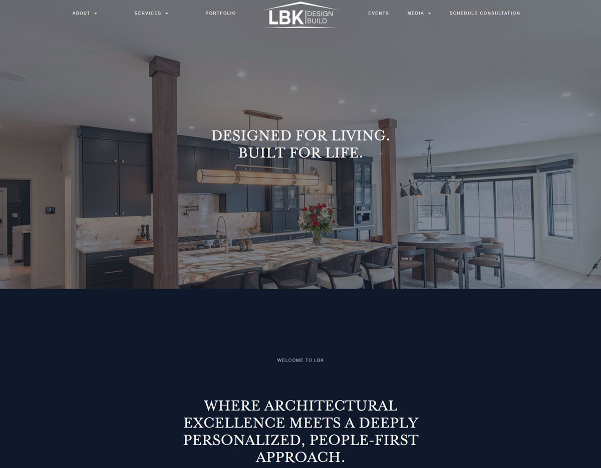 Screenshot of LBK Design Build, from the home builder websites collection.