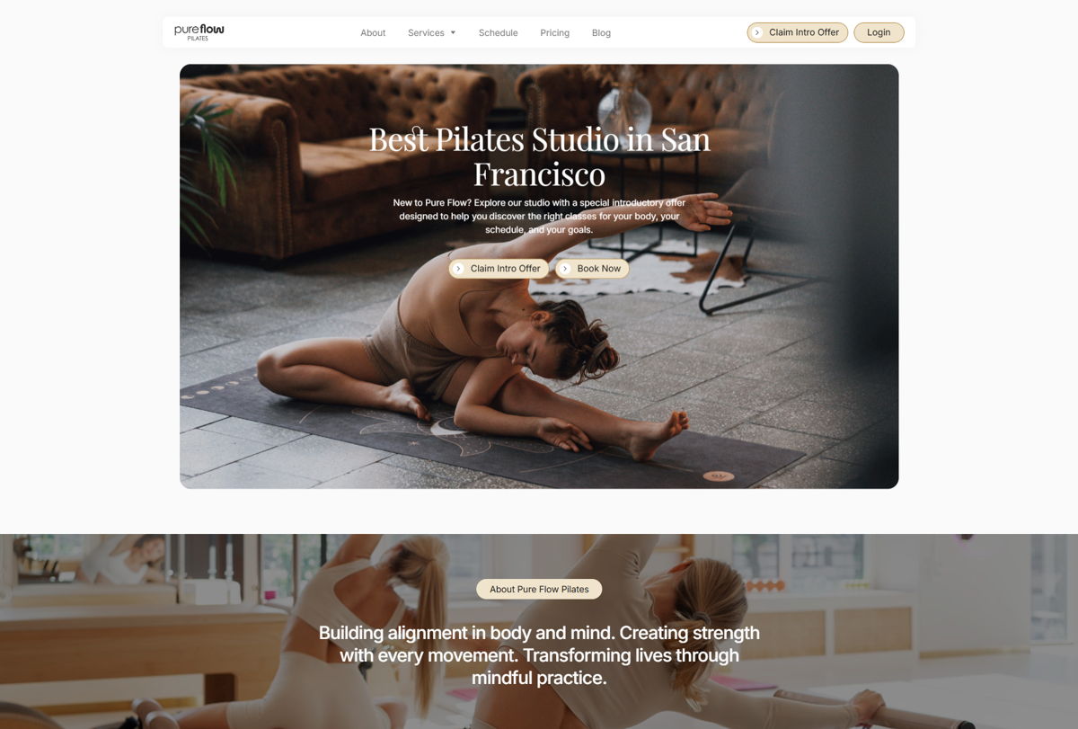Screenshot of Pure Flow Pilates, from the pilates websites collection.