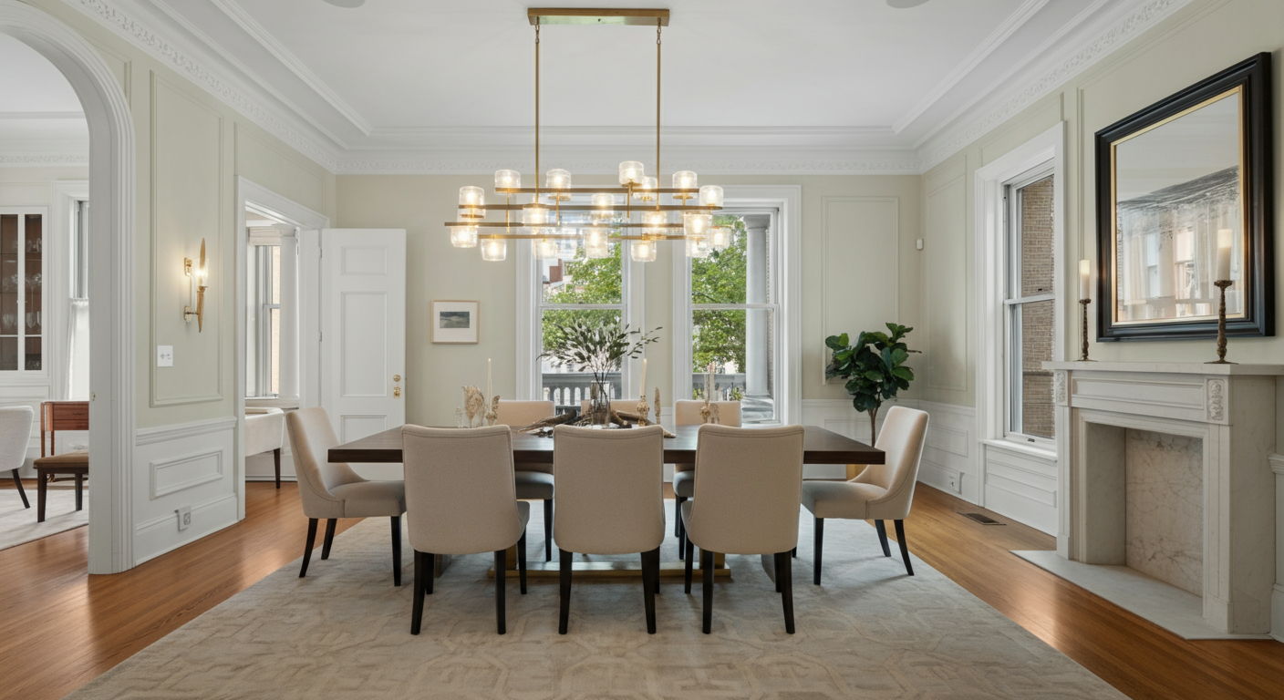 After professional staging and photography: The same Gold Coast dining room transformed with refined furnishings, strategic lighting, and styling that highlights the crown molding and hardwood floors. The space now conveys sophistication and spaciousness that appeals to the target demographic.