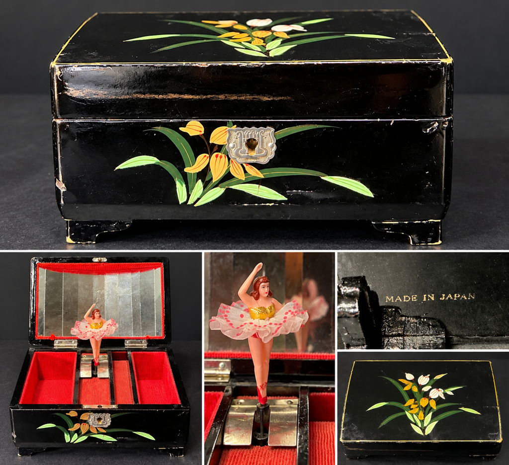 Vintage Made in Japan Black Lacquer Ballerina Music Jewelry Box Working ...