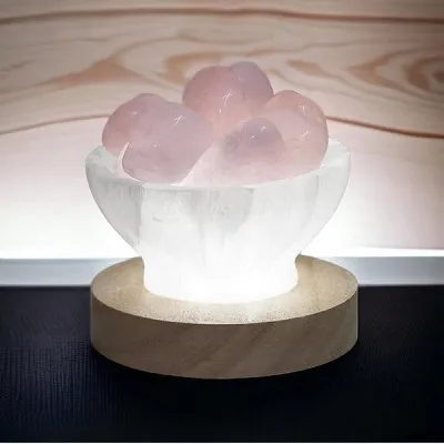 Selenite Bowl - Rose Quartz Tumble Crystals Includes LED Base     