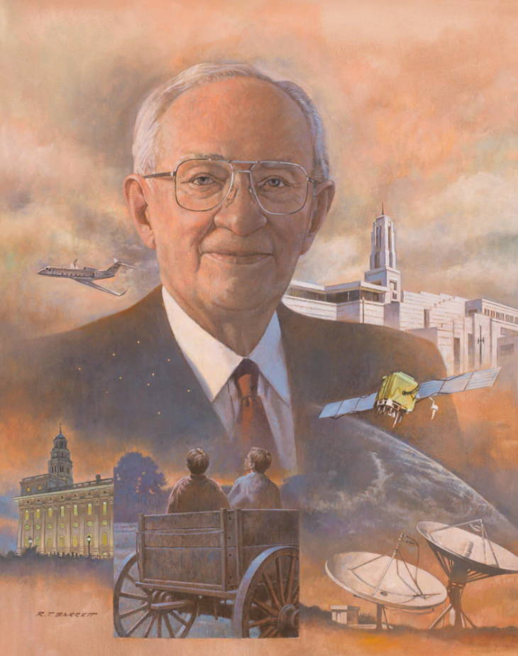 Painting of Gordon B. Hinckley overlayed with images representing his accomplishments.