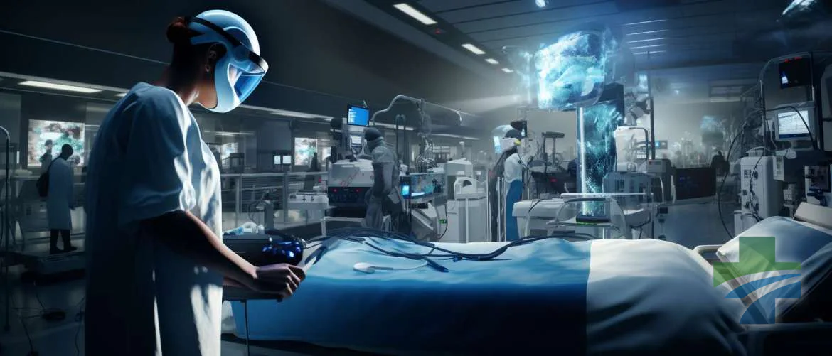 Hospital staff training with VR technology on a virtual patient.