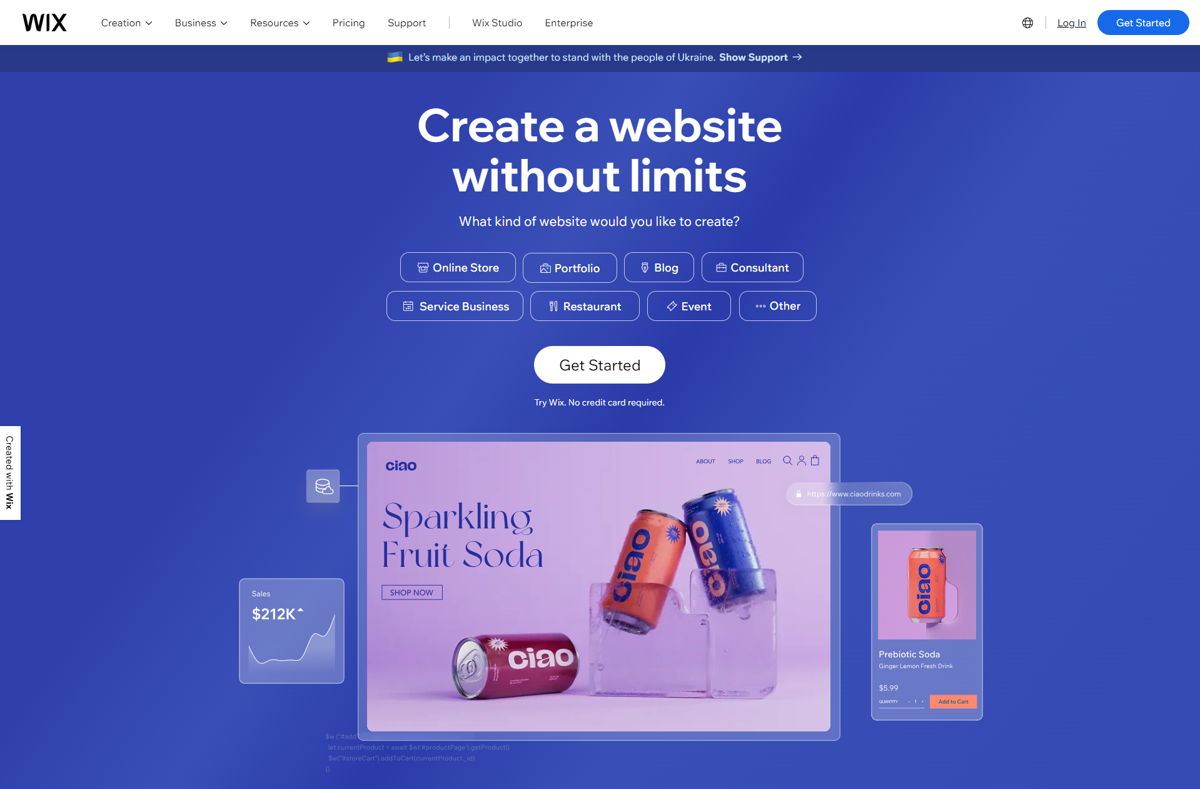 Screenshot of Wix, from the saas websites collection.
