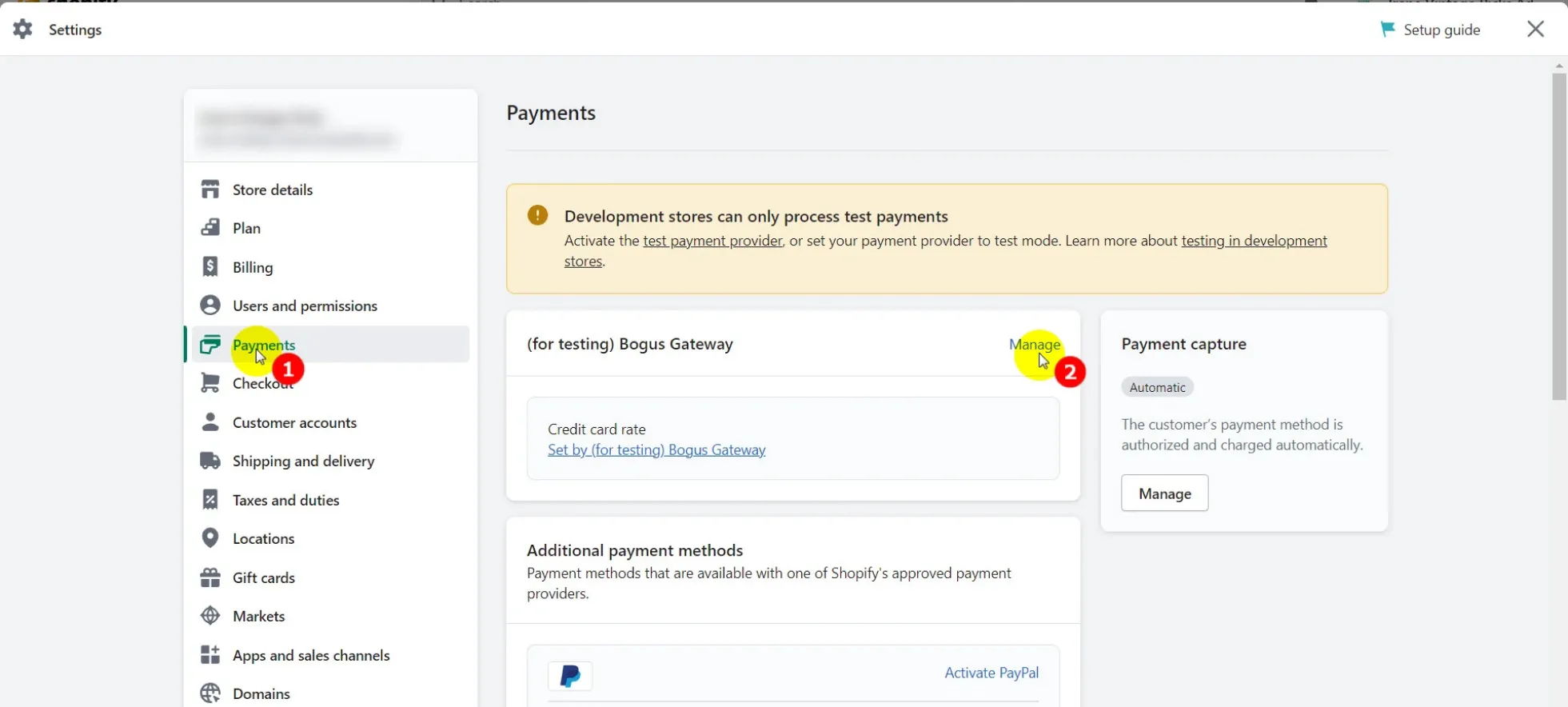 Shopify payment settings