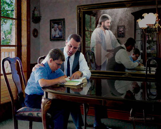 Painting of a father reading the scriptures with his son.