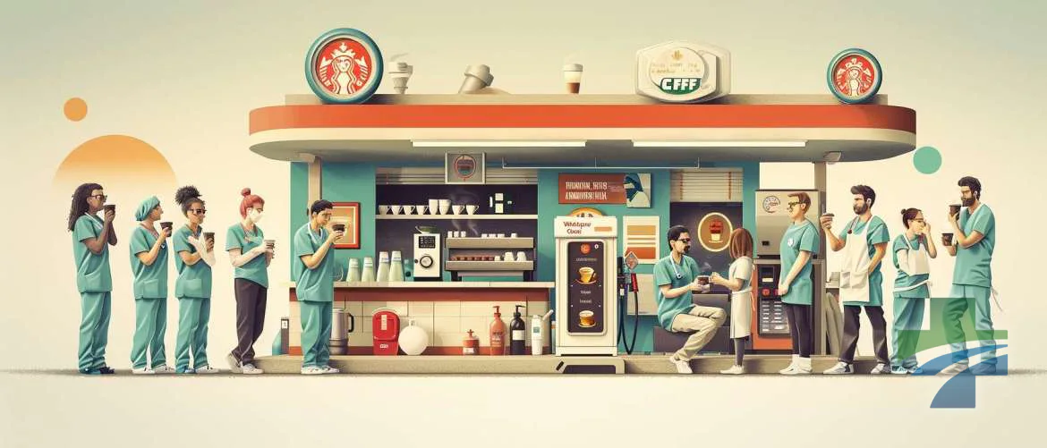 Travel nurse Sophia balancing humor and care with coffee in hand.