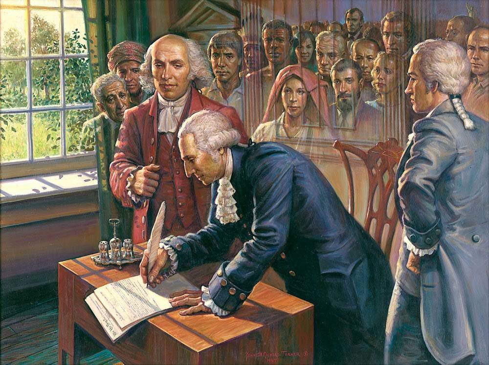 Patriotic painting of te founding fathers signing the Declaration of Independance.