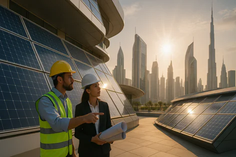 Male engineer in yellow hard hat and female engineer with blueprints discuss solar panels on a rooftop overlooking a city at golden hour.