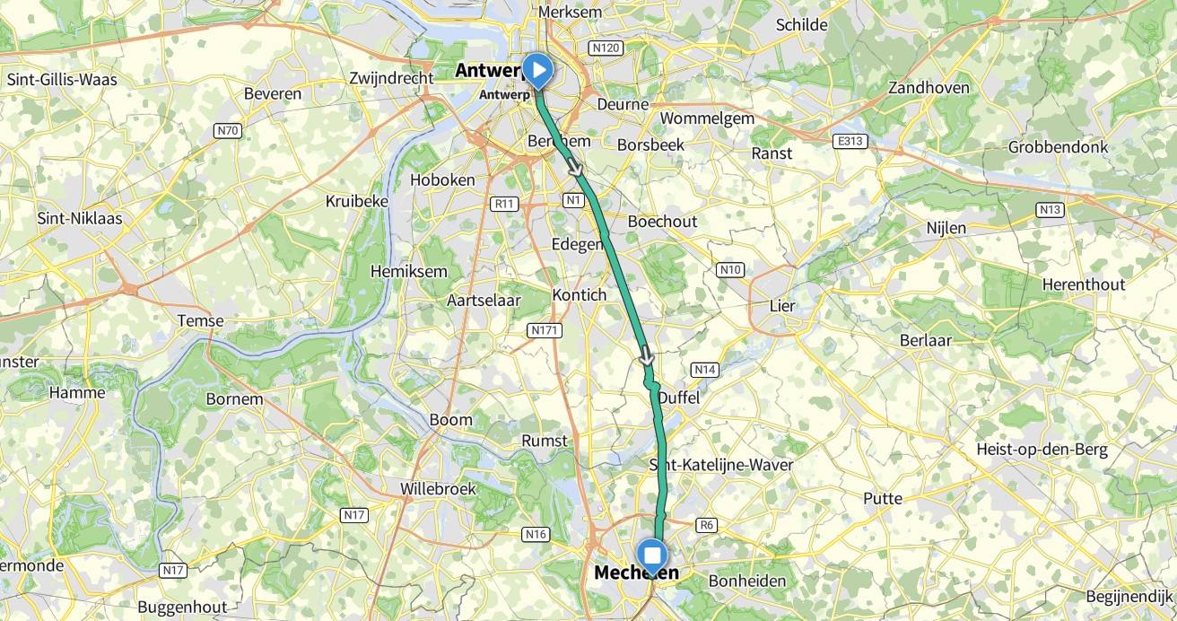 Carte du tracé de l'autoroute cyclable F1 entre Anvers et Malines via Berchem, Kontich et Duffel