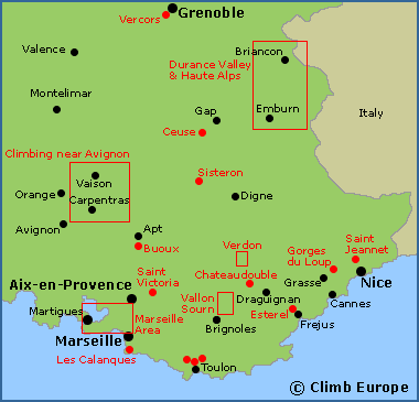 Map of the rock climbing areas in the South East of France