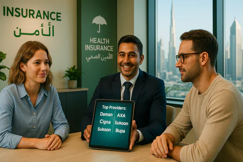 Professionals review top health insurance providers like Daman, AXA, Cigna on a tablet during a meeting in a modern office with a city view.