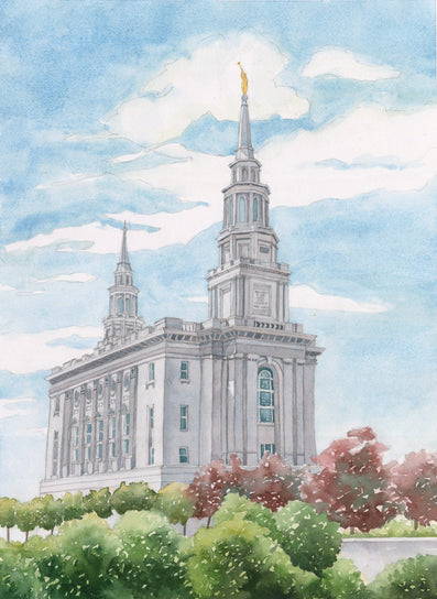 Philadelphia Pennsylvania temple painting with green and purple trees lining the walkway.