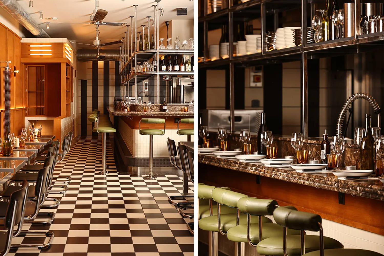 A 1970's inspired restaurant interior with a bar and green bar stools on a checker board black and white floor.